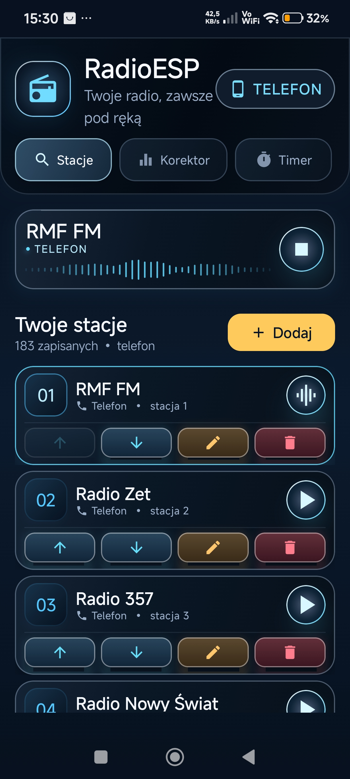 Ekran aplikacji RadioESP z listą zapisanych stacji
